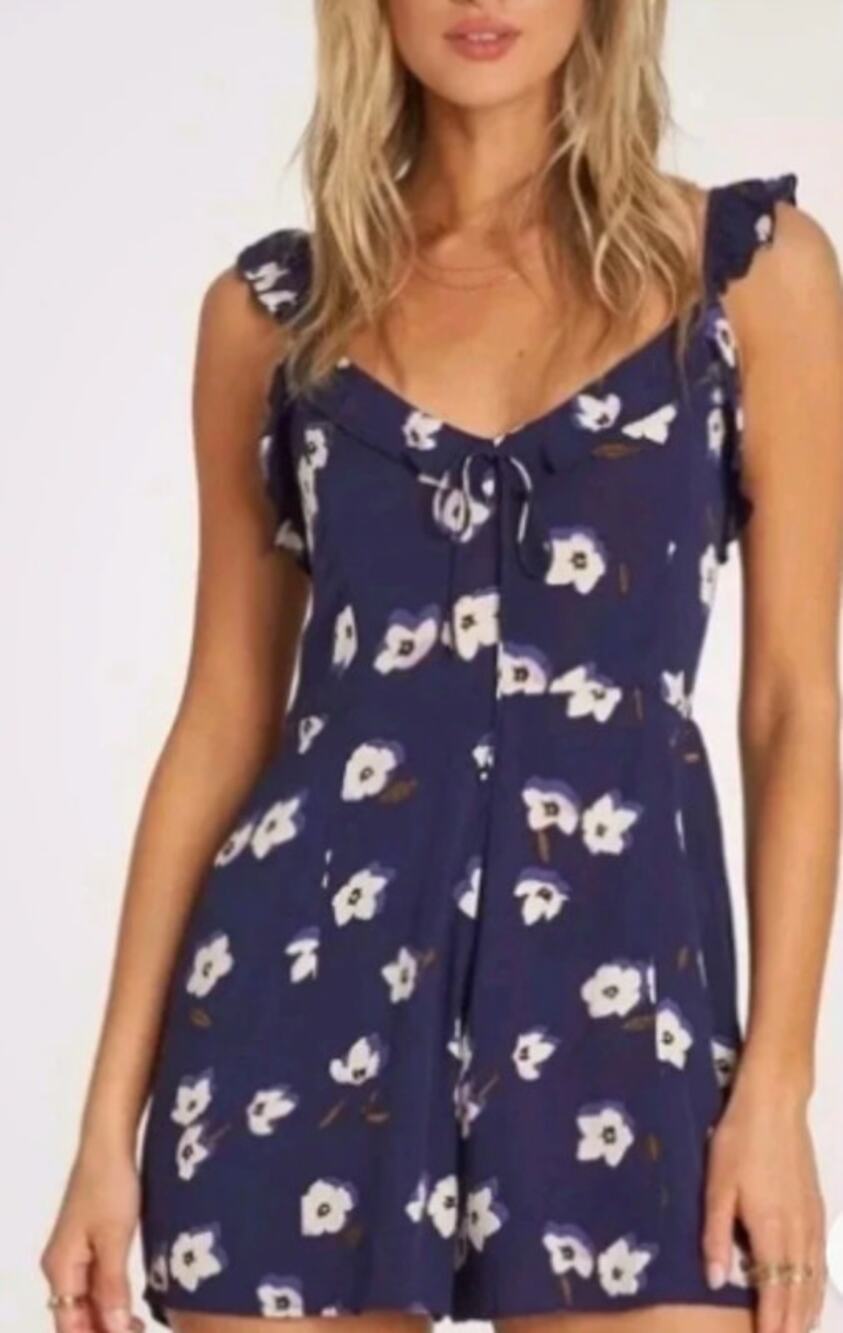 Billabong blue floral romper with ruffle straps womens size medium